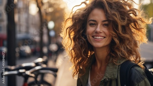 Beautiful young woman with disheveled curly hair, sunny city photo