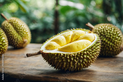 Durian fresh on a wooden table, one is broken in half. Foul smelling asian fruit.