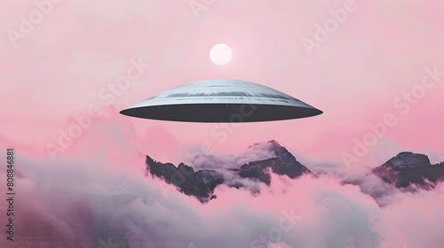 UFO flying in the clouds. Flying saucer in the sky