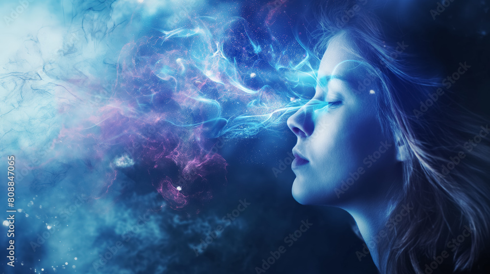 Woman with her eyes closed, exhaling a vibrant stream of stars and colorful light, symbolizing creativity and the power of imagination.