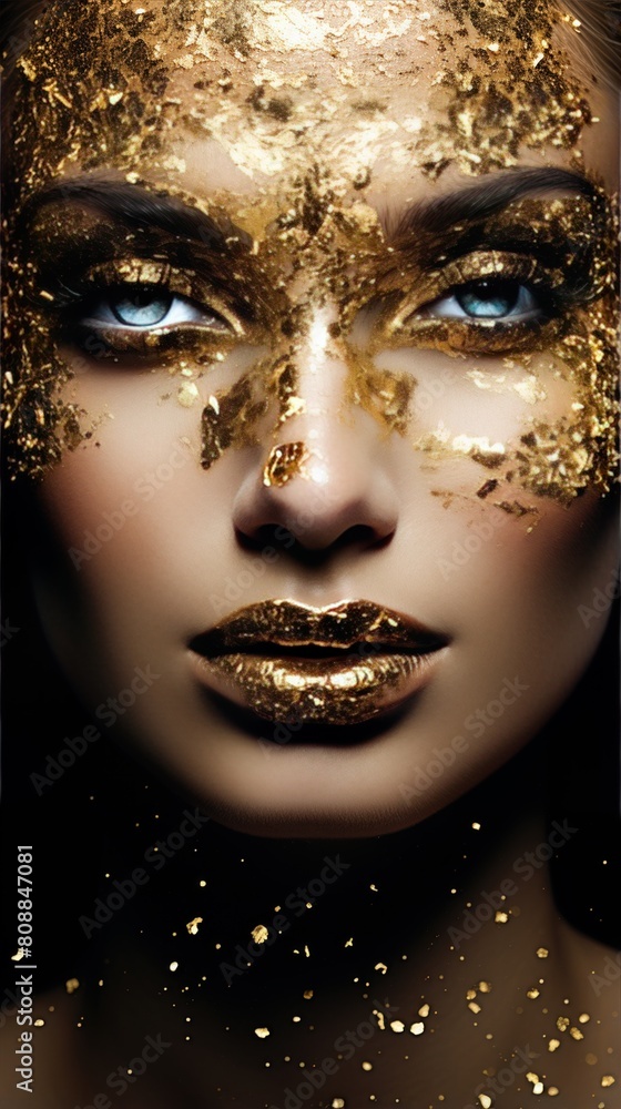 Beautiful woman with blue eyes and golden glitter makeup. Stunning young girl with gold metallic paint on her face. Fashion and beauty concept. Model with glamorous make-up