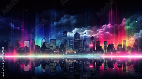 City skyline at night with illuminated buildings and glowing street lights