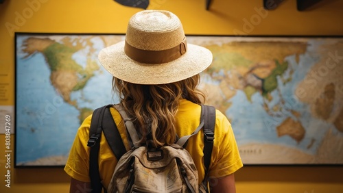 Tourist woman looking at the map of the world, planning travel route.