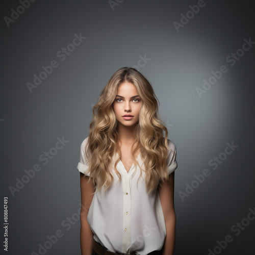 blondine model steht vor leinwand fotoshooting casual mode