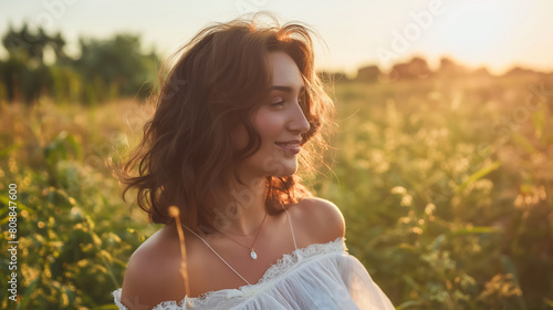 Young woman in a white dress enjoys a serene moment in a field bathed in the golden light of sunset, her face reflecting a peaceful smile