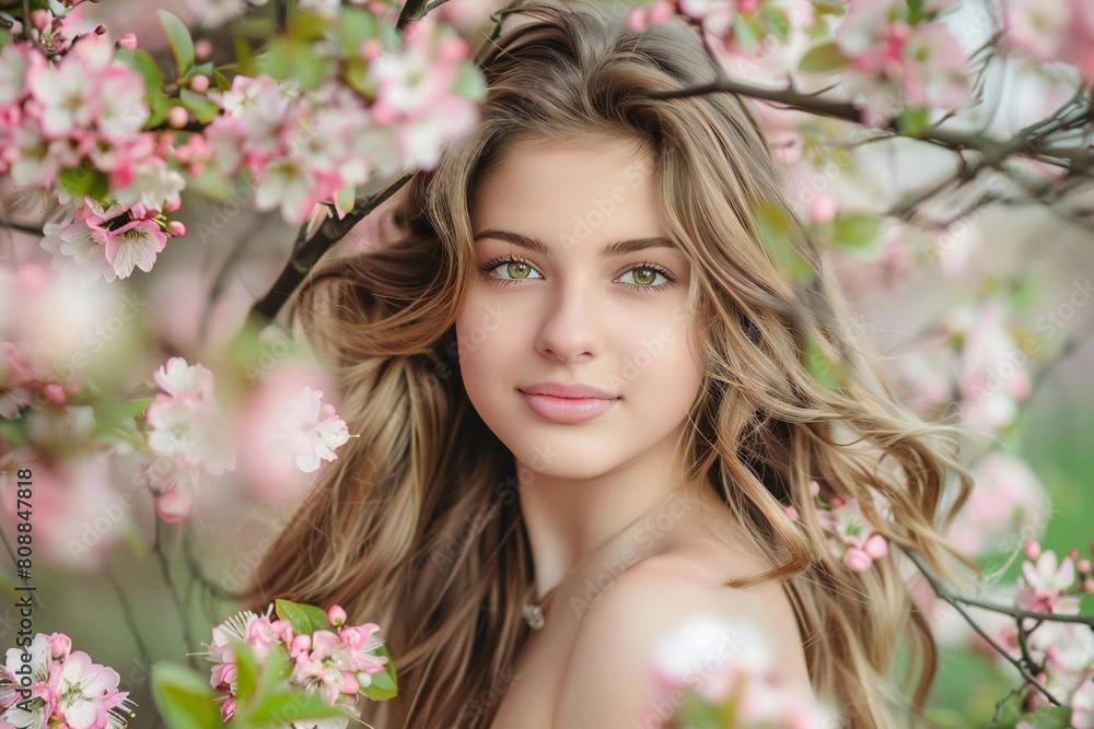 Portrait of a Beautiful Young Caucasian Woman Surrounded by Spring Blossoms: Greeting Card Template Portrait of a Beautiful Young Caucasian Woman Surrounded by Spring Blossoms: Greeting Card Template