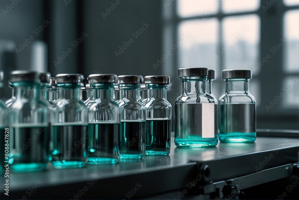 Production vaccine, series glass vials with medicine on conveyor. Production vaccine, series glass vials with medicine on conveyor.