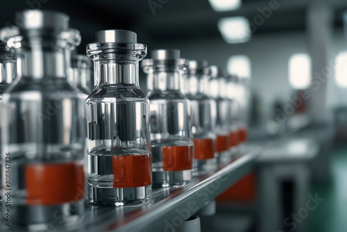 Production vaccine, series glass vials with medicine on conveyor.