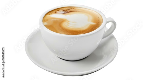 Foamy coffee in a white cup on a saucer, AI-generated.