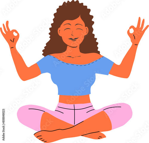Dark-skinned girl with brown hair in yoga pose meditating. The girl is wearing obliging sportswear or home clothes, blue top and pink leggings. Vector illustration yoga girl on transparent background