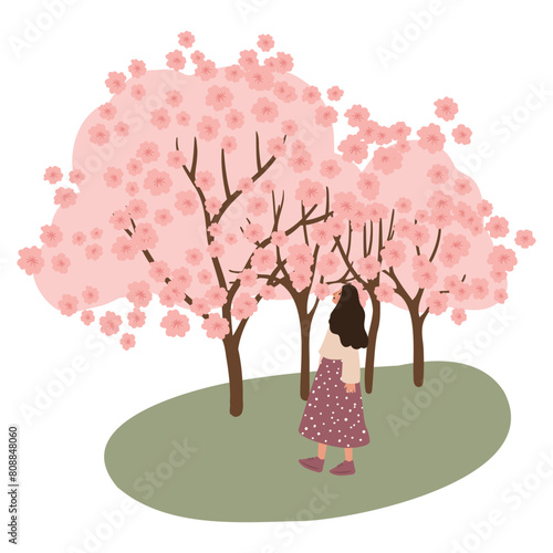 Women enjoying outdoor leisure activities vector illustration. Stylishly dressed female characters walking park trails, feeding deer, cycling, couple sitting on bench. Cherry blossoms trees, nature.