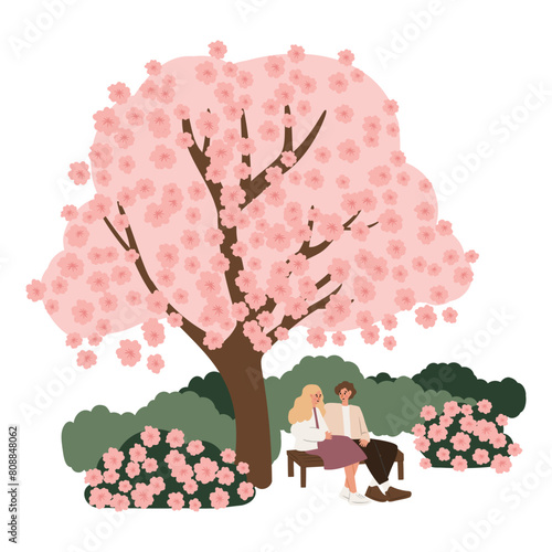 Women enjoying outdoor leisure activities vector illustration. Stylishly dressed female characters walking park trails, feeding deer, cycling, couple sitting on bench. Cherry blossoms trees, nature.