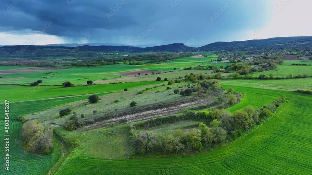 Green fields of cereals in spring in Lastras de las Heras, in the Losa Valley. Aerial view from a drone. Las Merindades region. Burgos, Castilla y Leon, Spain, Europe Green fields of cereals in spring in Lastras de las Heras, in the Losa Valley. Aerial view from a drone. Las Merindades region. Burgos, Castilla y Leon, Spain, Europe