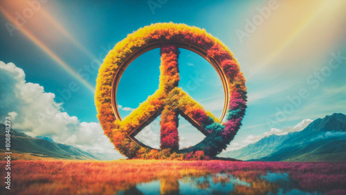 Gigantic colorful plush peace symbol in a dreamlike landscape. The 60's and 70's.
