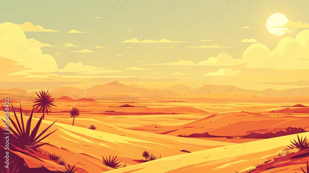 Bright desert vector illustration with children's favorite cartoon landscape
