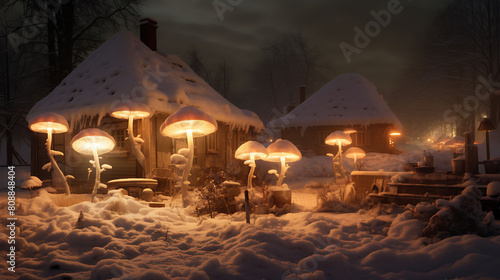 Agaricus mushrooms on a snowy evening in a quiet village, with warm light spilling from windows onto the snow. photo