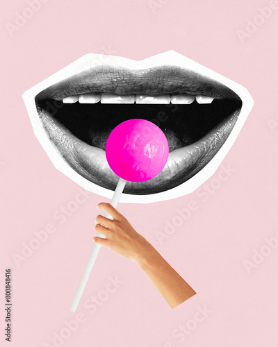 Poster. Contemporary art collage. Hand holding pink lollipop in front of open mouth in black and white filter. Concept of summertime, holidays, vacation, party, fashion and style.