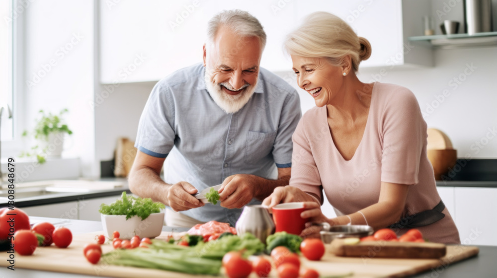 Senior Couple Laughing Together While Cooking in Modern Kitchen
