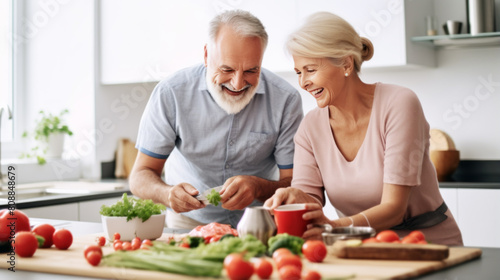 Senior Couple Laughing Together While Cooking in Modern Kitchen