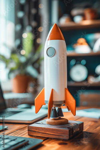 Model rocket displayed on a wooden desk in a cozy office environment, symbolizing innovation and creative exploration in workspace design - AI generated