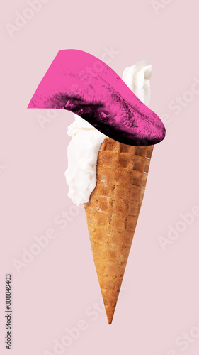 Poster. Contemporary art collage. Ice cream cone and pink tongue sticks out and licking sweet dessert against pastel pink background. Concept of summertime, holidays, vacation, party, fashion, style. © Lustre