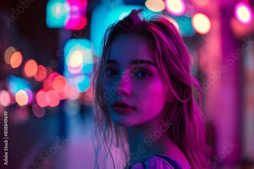 Young Caucasian Woman Illuminated by Neon Lights in City Streets