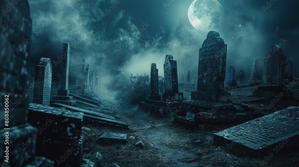 Mysterious Moonlit Cemetery on a Foggy Night