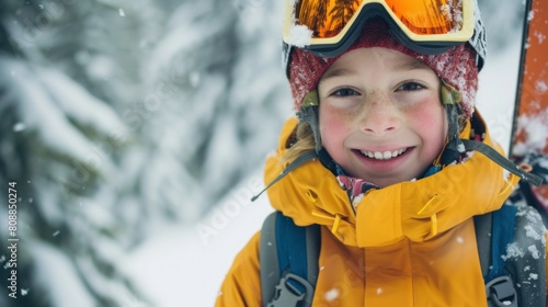 Funny kid in ski gear on winter background