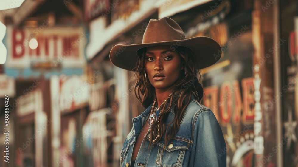Stylish Woman in Cowboy Hat Posing in Urban Setting