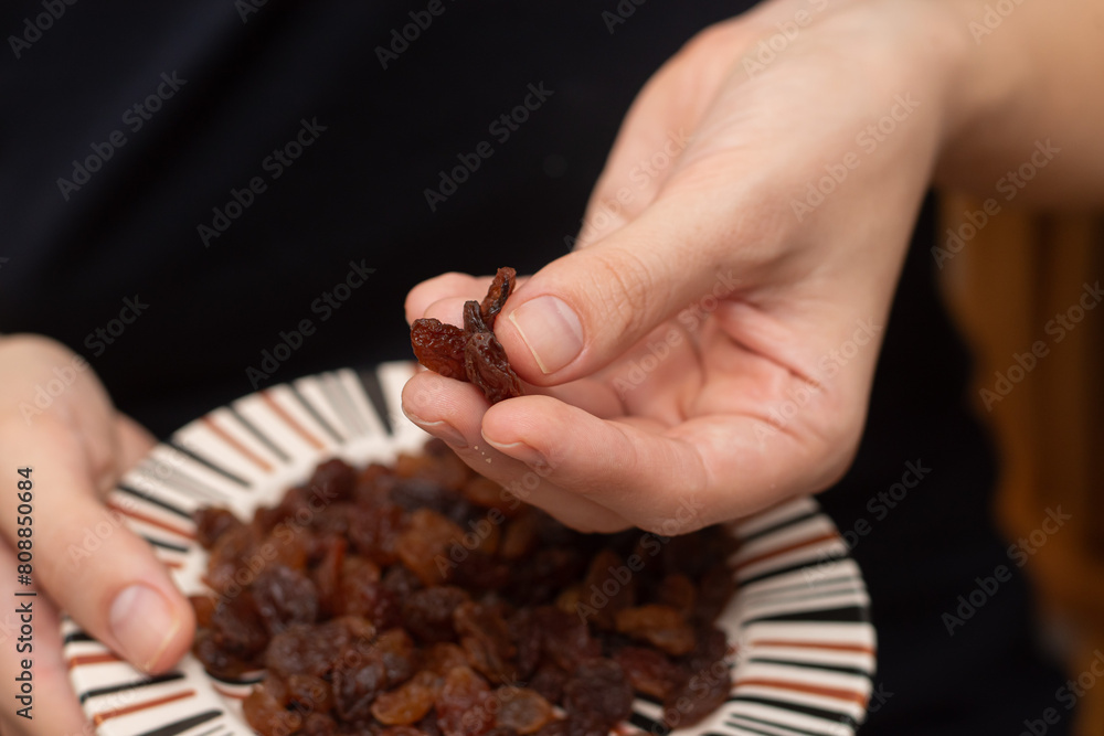 Close-up shot of a person's hands holding a small striped plate filled with juicy, dark raisins. Close-up shot of a person's hands holding a small striped plate filled with juicy, dark raisins.