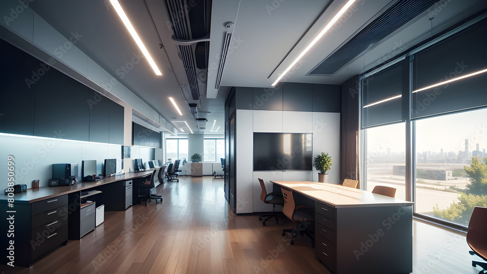 Bright and modern office space with natural light, ergonomic furniture, and a stunning city view through expansive windows Bright and modern office space with natural light, ergonomic furniture, and a stunning city view through expansive windows