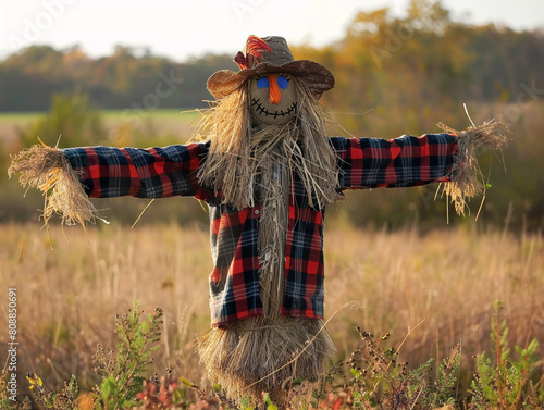 A traditional scarecrow with outstretched arms stands tall in a golden  sunlit field.