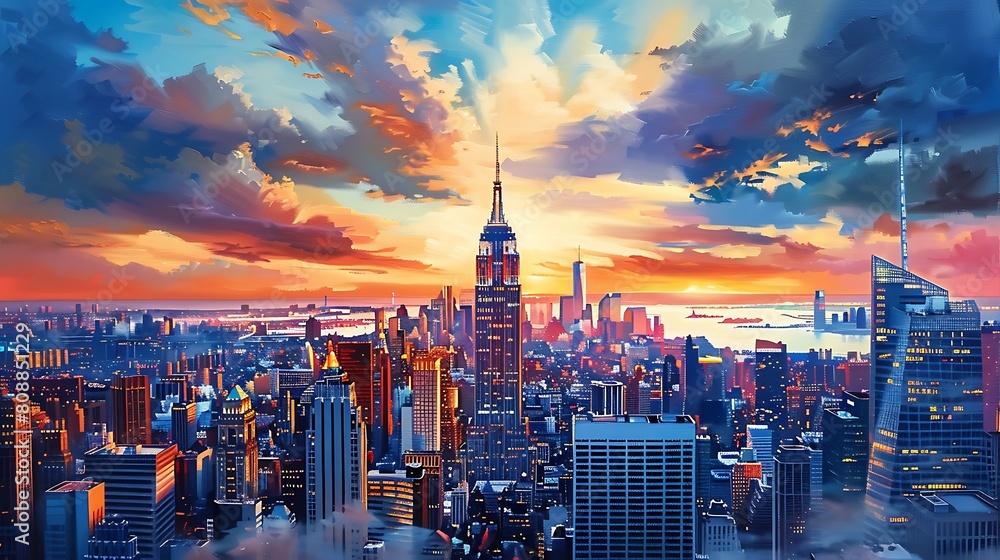 New York City. Manhattan downtown skyline with illuminated Empire State Building and skyscrapers at sunset