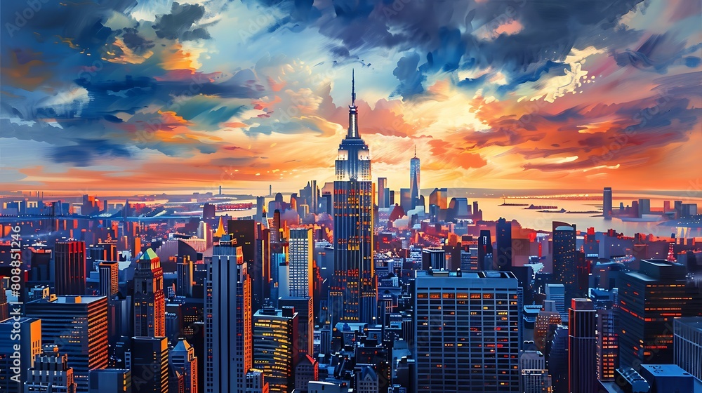 Obraz premium New York City. Manhattan downtown skyline with illuminated Empire State Building and skyscrapers at sunset