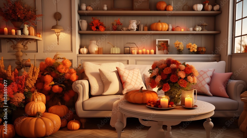 Classic living room with sofa and table setting decorated with pumpkins and flowers for thanksgiving day. Classic living room with sofa and table setting decorated with pumpkins and flowers for thanksgiving day.