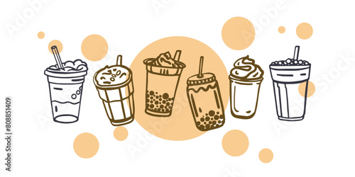 Hand drawn bubble milk tea set with cute doodle decoration. Boba milk tea and yummy drinks illustration. Cold tea. Realistic. Orange vector illustration.