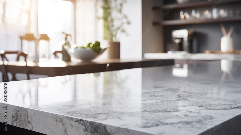 Close-up Marble granite kitchen counter island for product display on modern bright and clean kitchen space. Close-up Marble granite kitchen counter island for product display on modern bright and clean kitchen space.