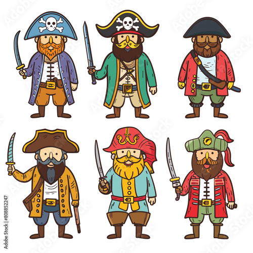 Six cartoon pirates stand proudly, sporting unique hats, beards, colorful pirate attire, armed cutlasses, pirate character displays distinct style, ranging classic blue captain coats vibrant red