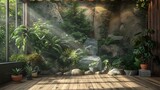 Embossed Wood Nature Scene: 3D Mural, Sunrays, Rocks, Plants, Interior