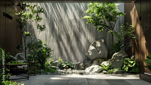 Wooden Wall Mural: 3D Nature Scene, Sunrays, Rocks, Plants, Interior