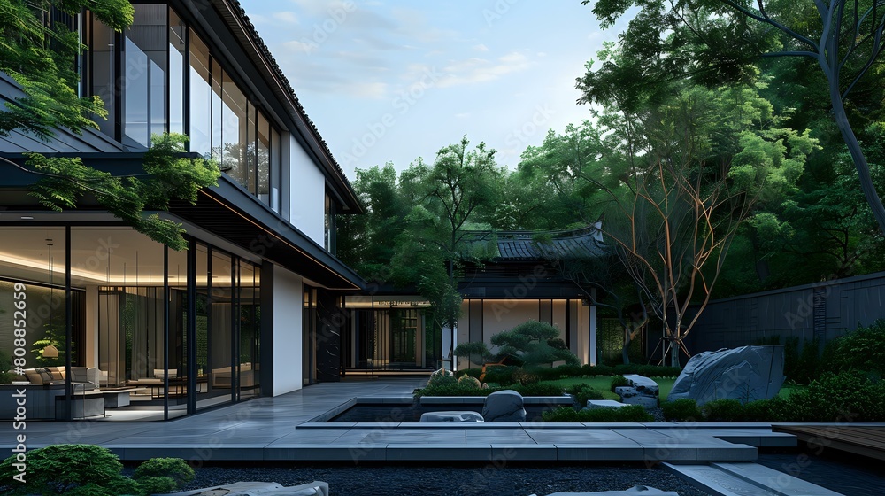 Modern Chinese Villa: Courtyard with Dark Gray Stone Walls, Lush Greenery