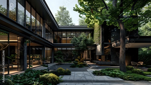 Chinese Villa Courtyard: Modern Design, Dark Gray Stone Walls, Green Trees