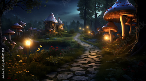 An enchanted forest path lined with glowing agaricus mushrooms leading to a hidden fairy village. photo
