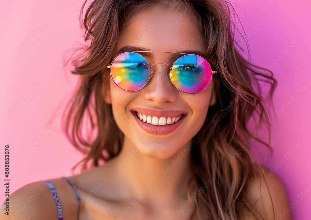 Young woman wearing a rainbow sunglasses. Young woman wearing a rainbow sunglasses.