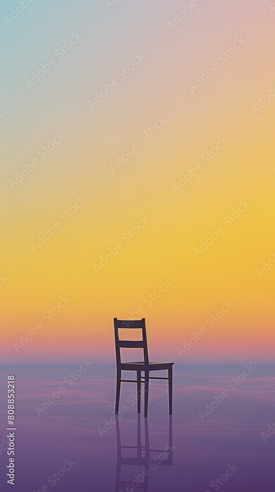 A chair is sitting on a beach at sunset