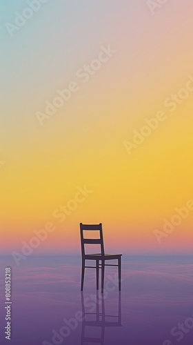 A chair is sitting on a beach at sunset