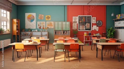 collage of classroom interior with school supply for teaching learning little pupils kids.