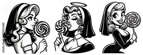 sweet playful pin-up nun with lollipop, quirky character design in monochrome style, black vector illustration pinup girl photo