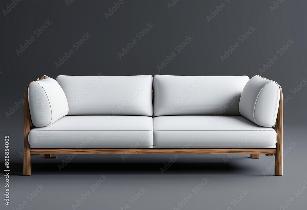 3d image of Modern grey teak wood sofa adorned on gray background. 3d image of Modern grey teak wood sofa adorned on gray background.