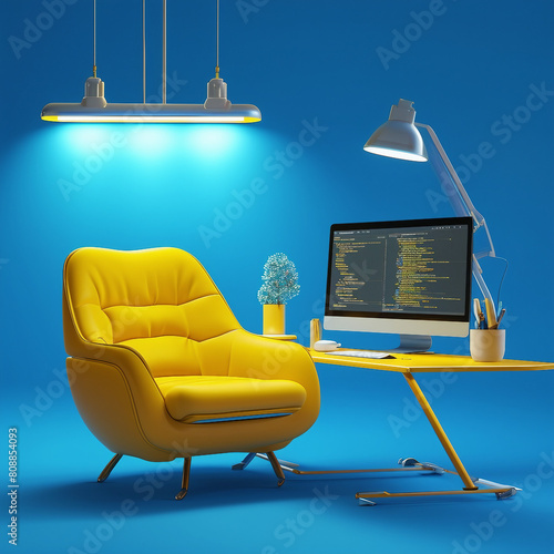 3d image of yellow chair and table with computer and office tools with beautiful blue background.